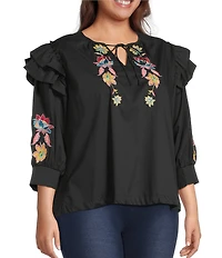 Calessa Plus Size Patchwork Embroidered Split V-Neck 3/4 Sleeve Tunic