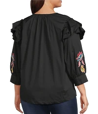 Calessa Plus Size Patchwork Embroidered Split V-Neck 3/4 Sleeve Tunic