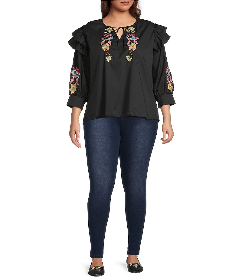 Calessa Plus Size Patchwork Embroidered Split V-Neck 3/4 Sleeve Tunic