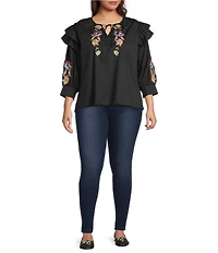 Calessa Plus Size Patchwork Embroidered Split V-Neck 3/4 Sleeve Tunic