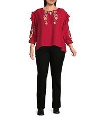 Calessa Plus Size Patchwork Embroidered Split V-Neck 3/4 Sleeve Tunic