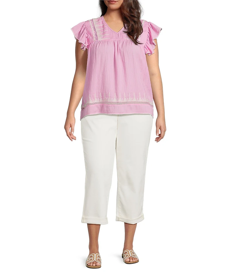 Calessa Plus Size Patchwork Embroidered V-Neck Cap Ruffle Sleeve Tunic