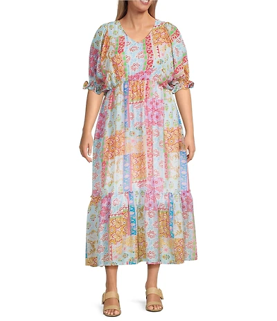 Calessa Plus Size Patchwork Mosaic Print V-Neck Short Sleeve Tiered Dress