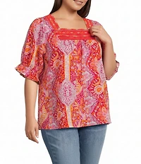 Calessa Plus Size Woven Patchwork Square Neck Elbow Sleeve Embroidered Tunic