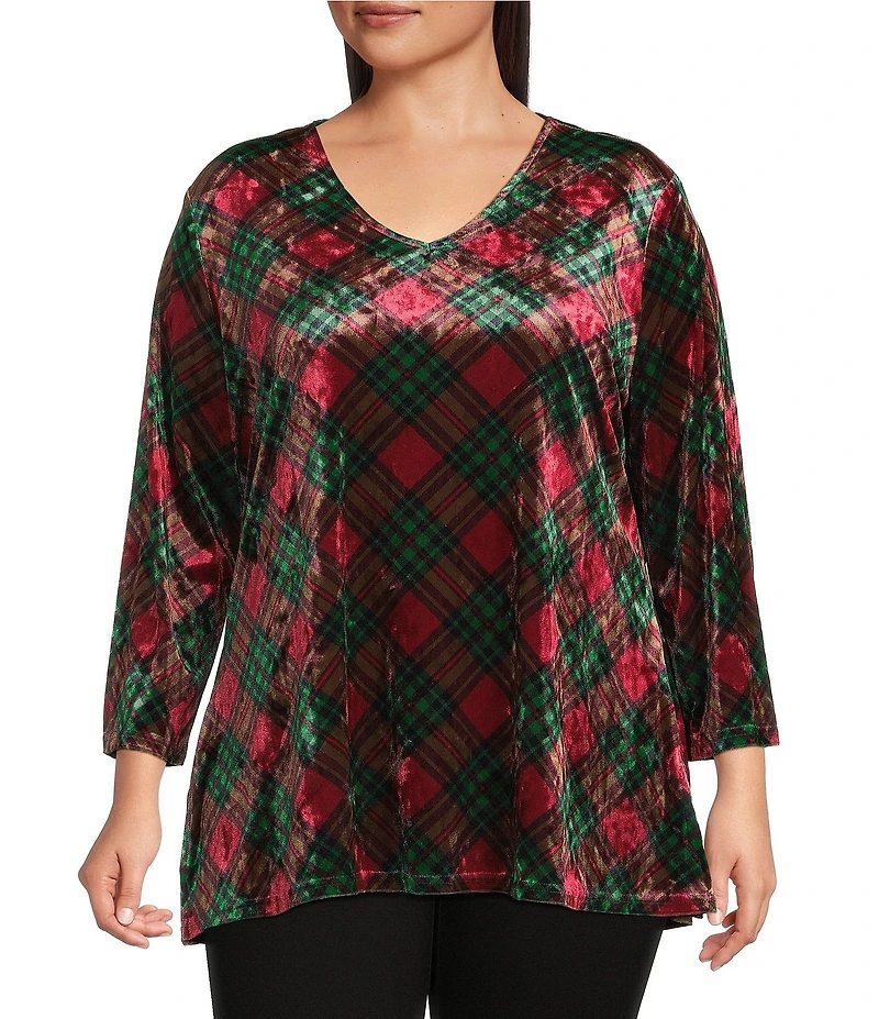 Calessa Plus Size Plaid Print V-Neck 3/4 Sleeve Velvet Knit Tunic