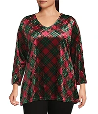 Calessa Plus Size Plaid Print V-Neck 3/4 Sleeve Velvet Knit Tunic