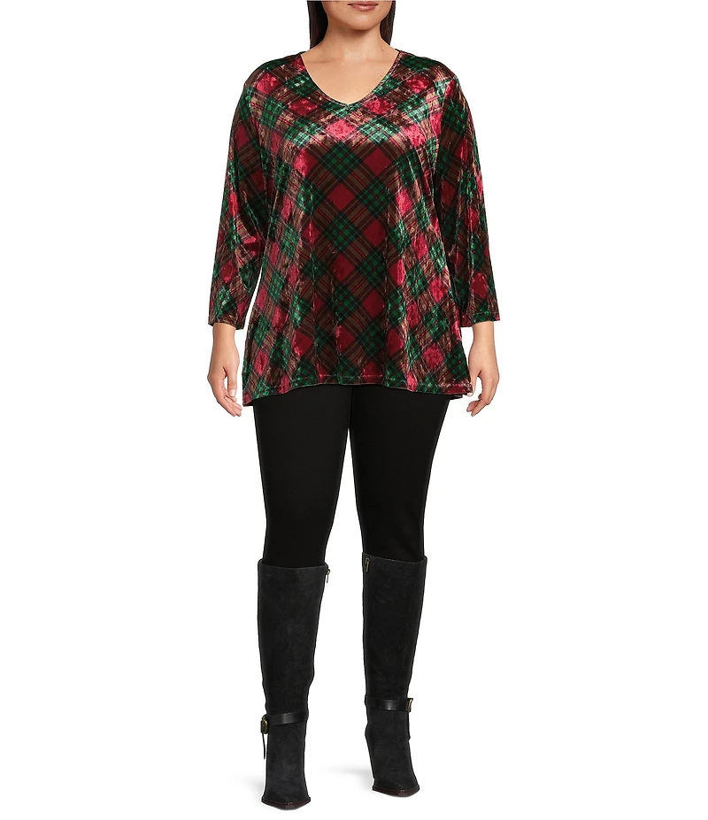 Calessa Plus Size Plaid Print V-Neck 3/4 Sleeve Velvet Knit Tunic