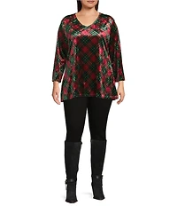 Calessa Plus Size Plaid Print V-Neck 3/4 Sleeve Velvet Knit Tunic