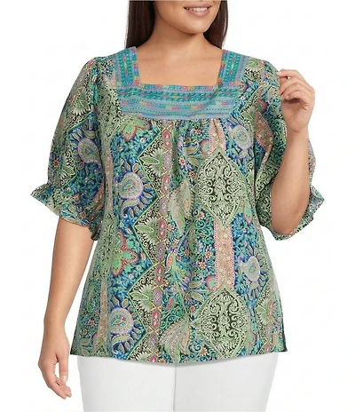 Calessa Plus Size Printed Embroidered Square Neck Short Sleeve Tunic