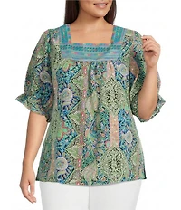 Calessa Plus Size Printed Embroidered Square Neck Short Sleeve Tunic