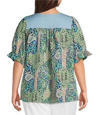 Calessa Plus Size Printed Embroidered Square Neck Short Sleeve Tunic