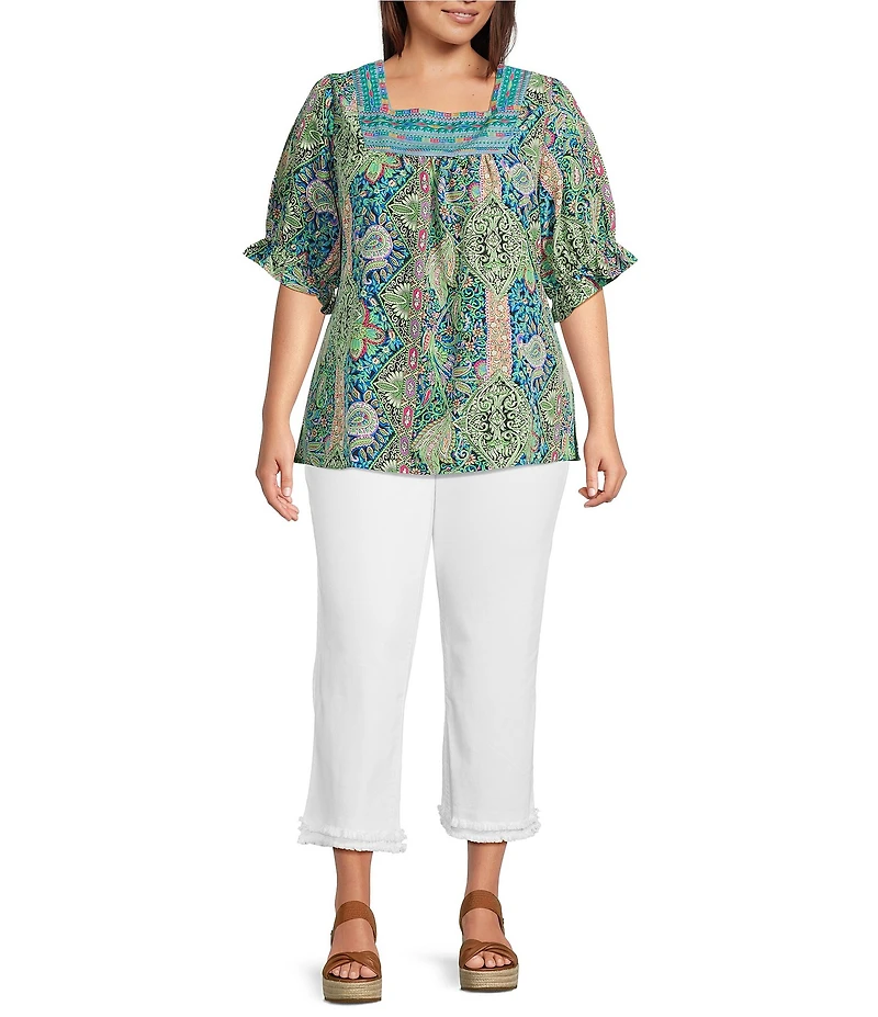 Calessa Plus Size Printed Embroidered Square Neck Short Sleeve Tunic