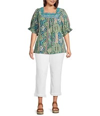 Calessa Plus Size Printed Embroidered Square Neck Short Sleeve Tunic