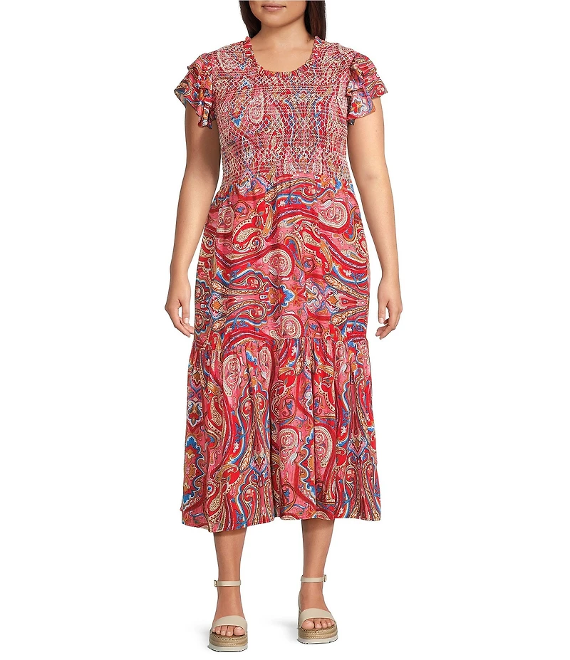 Calessa Plus Size Printed Scoop Neck Short Ruffle Sleeve Ruffle Dress