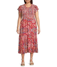 Calessa Plus Size Printed Scoop Neck Short Ruffle Sleeve Ruffle Dress