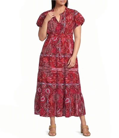 Calessa Plus Size Retro Floral Split V-Neck Short Puff Sleeve A-Line Tiered Dress