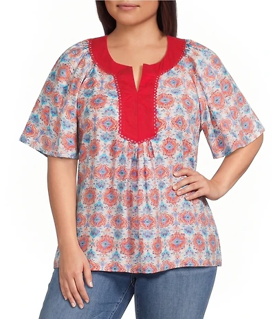 Calessa Plus Size Retro Mosaic Split Round Short Puff Sleeve Tunic