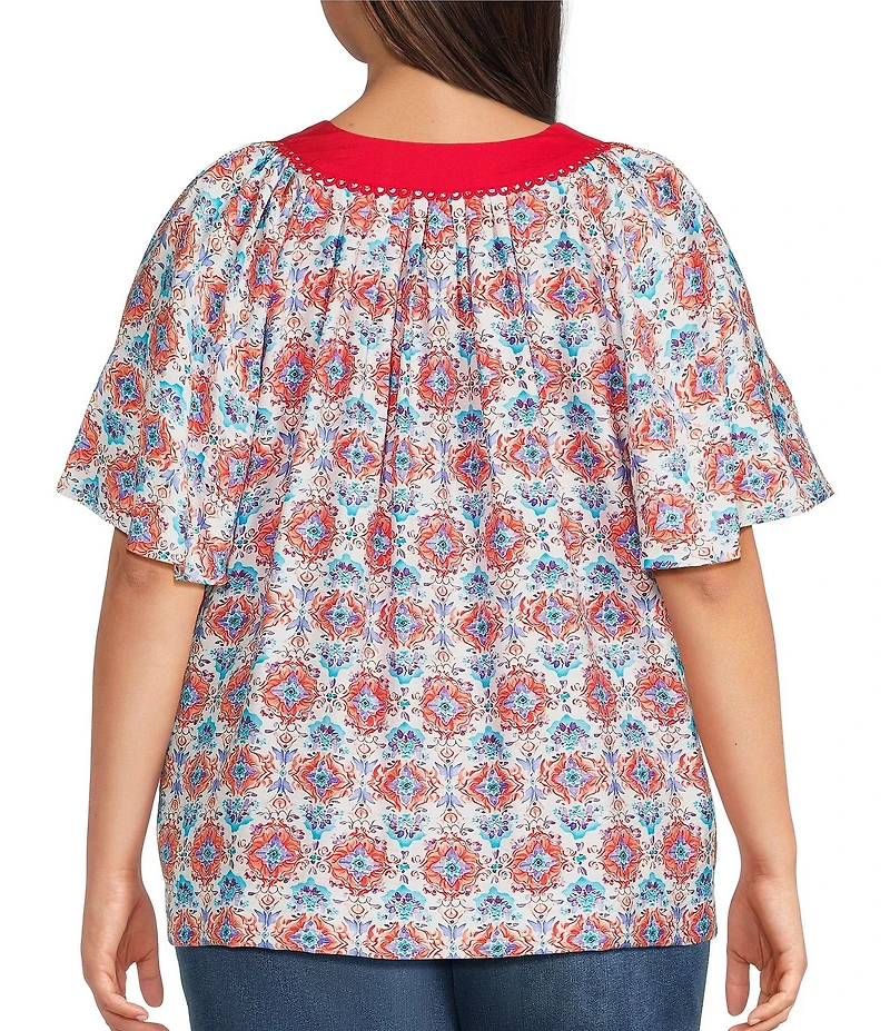 Calessa Plus Size Retro Mosaic Split Round Short Puff Sleeve Tunic