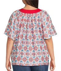 Calessa Plus Size Retro Mosaic Split Round Short Puff Sleeve Tunic
