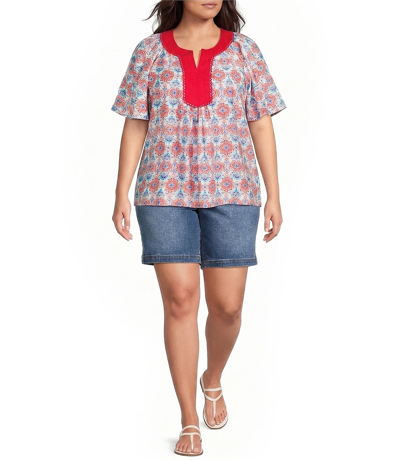 Calessa Plus Size Retro Mosaic Split Round Short Puff Sleeve Tunic