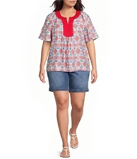 Calessa Plus Size Retro Mosaic Split Round Short Puff Sleeve Tunic
