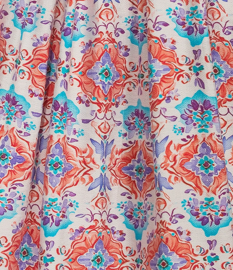 Calessa Plus Size Retro Mosaic Split Round Short Puff Sleeve Tunic