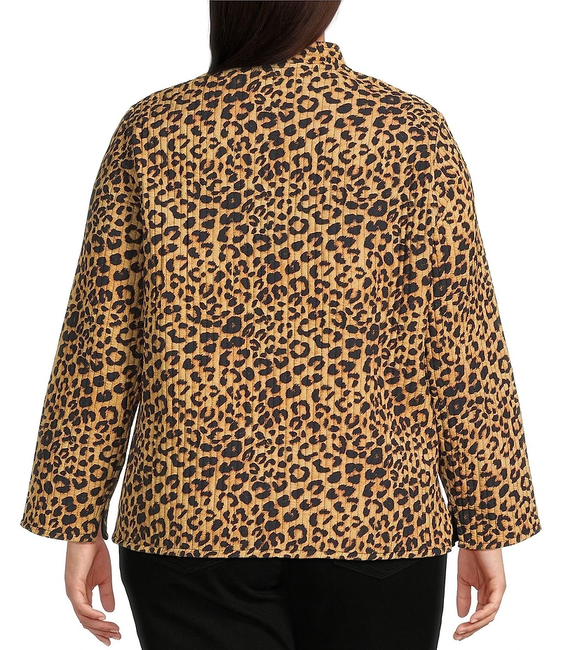 Calessa Plus Size Reversible Quilted Animal Printed Band Collar Long Sleeve Shirt Jacket