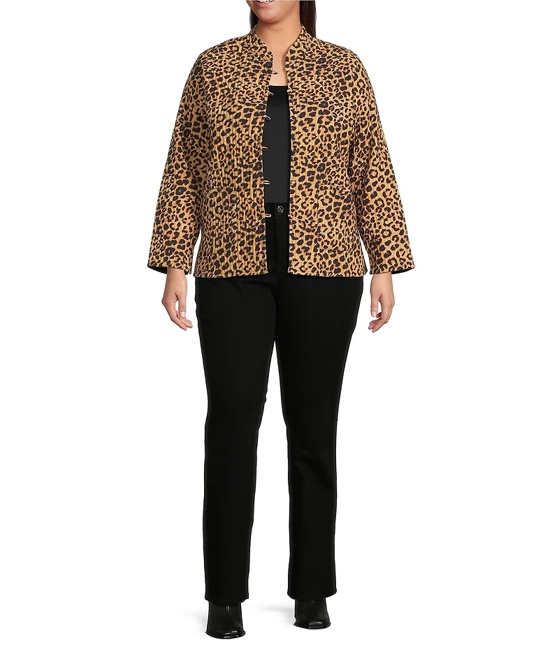 Calessa Plus Size Reversible Quilted Animal Printed Band Collar Long Sleeve Shirt Jacket