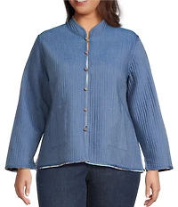 Calessa Plus Size Reversible Quilted Spring Patchwork Printed Band Collar Long Sleeve Shirt Jacket