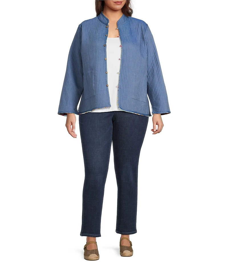 Calessa Plus Size Reversible Quilted Spring Patchwork Printed Band Collar Long Sleeve Shirt Jacket