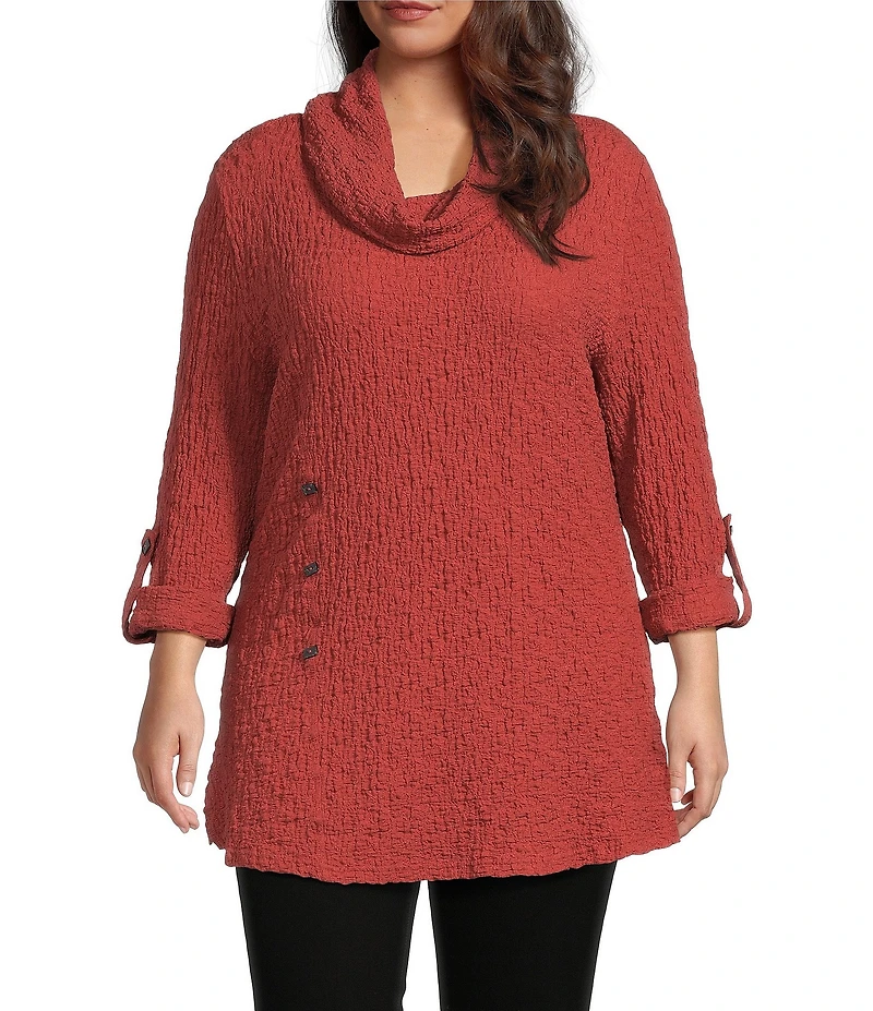 Calessa Plus Size Solid Textured Cowl Neck Roll-Tab Sleeve Tunic