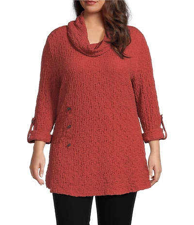 Calessa Plus Size Solid Textured Cowl Neck Roll-Tab Sleeve Tunic