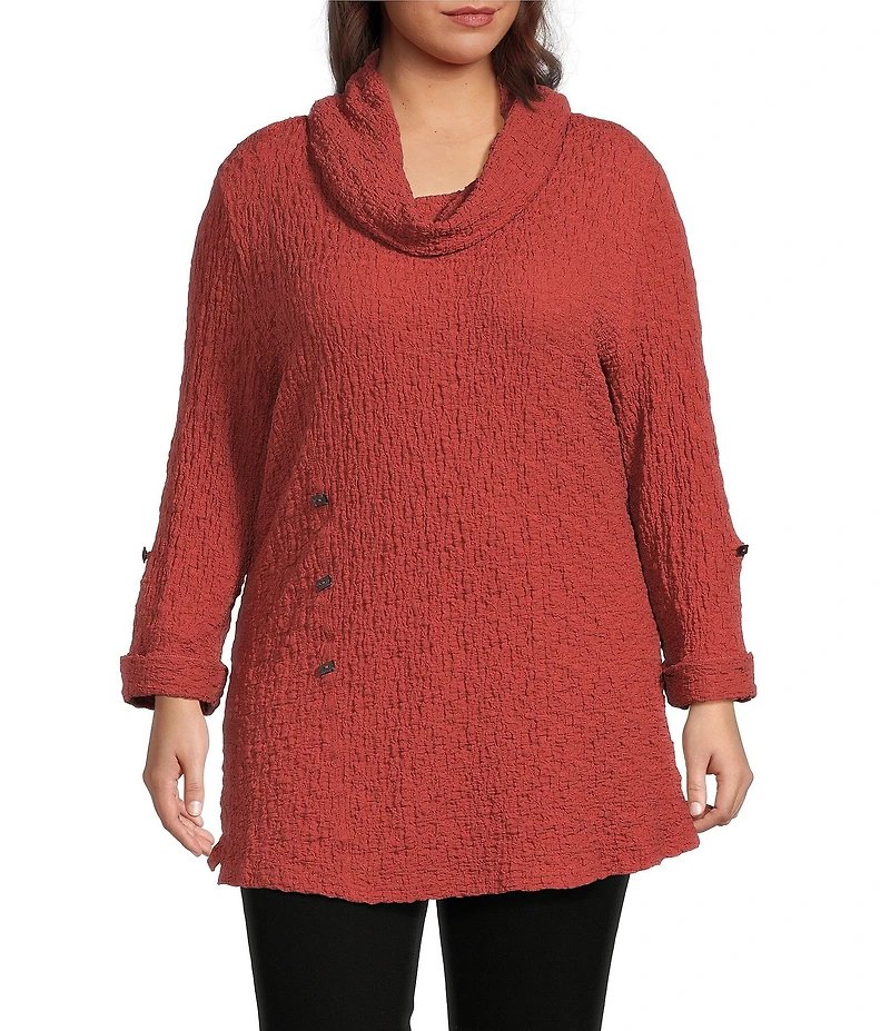 Calessa Plus Size Solid Textured Cowl Neck Roll-Tab Sleeve Tunic