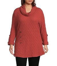 Calessa Plus Size Solid Textured Cowl Neck Roll-Tab Sleeve Tunic
