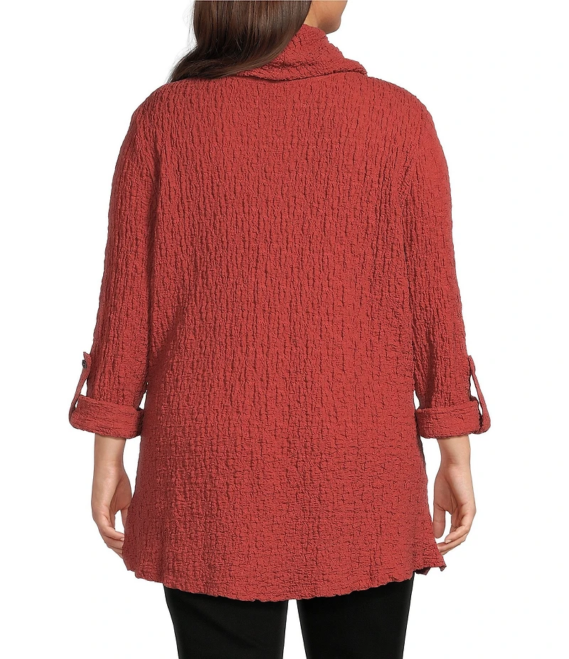 Calessa Plus Size Solid Textured Cowl Neck Roll-Tab Sleeve Tunic
