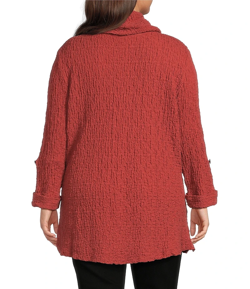 Calessa Plus Size Solid Textured Cowl Neck Roll-Tab Sleeve Tunic