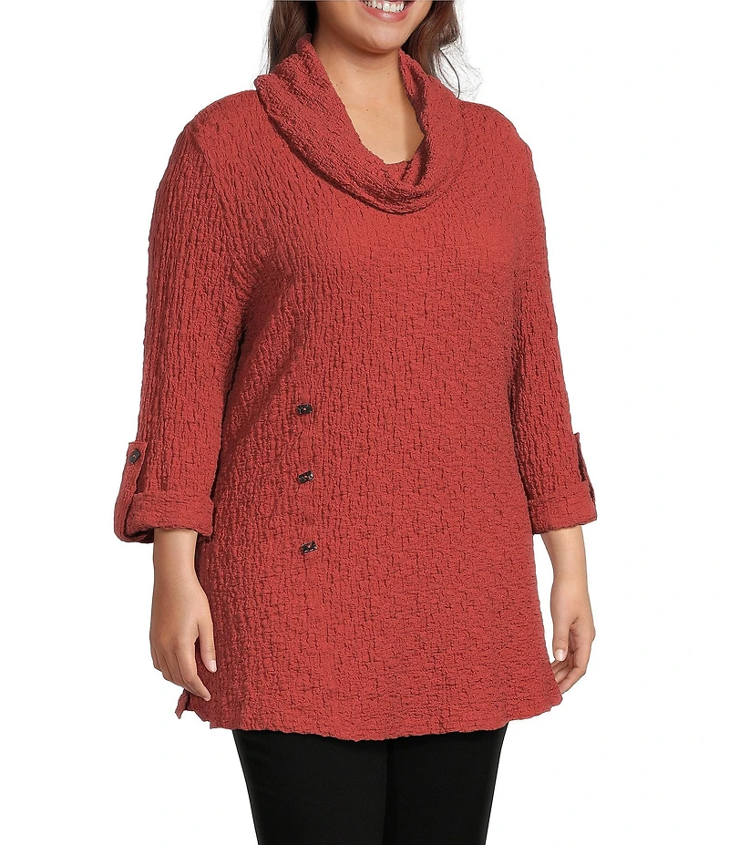 Calessa Plus Size Solid Textured Cowl Neck Roll-Tab Sleeve Tunic
