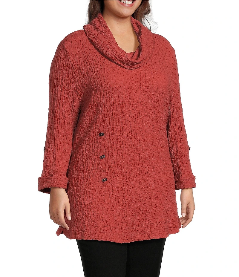 Calessa Plus Size Solid Textured Cowl Neck Roll-Tab Sleeve Tunic