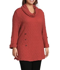 Calessa Plus Size Solid Textured Cowl Neck Roll-Tab Sleeve Tunic