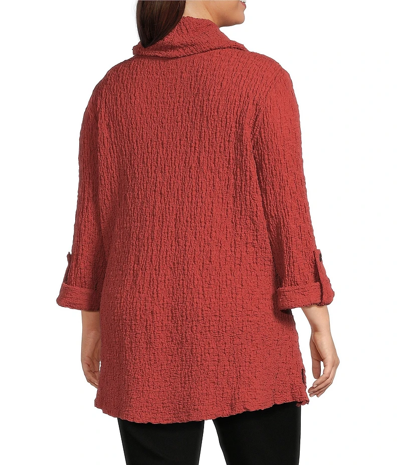 Calessa Plus Size Solid Textured Cowl Neck Roll-Tab Sleeve Tunic
