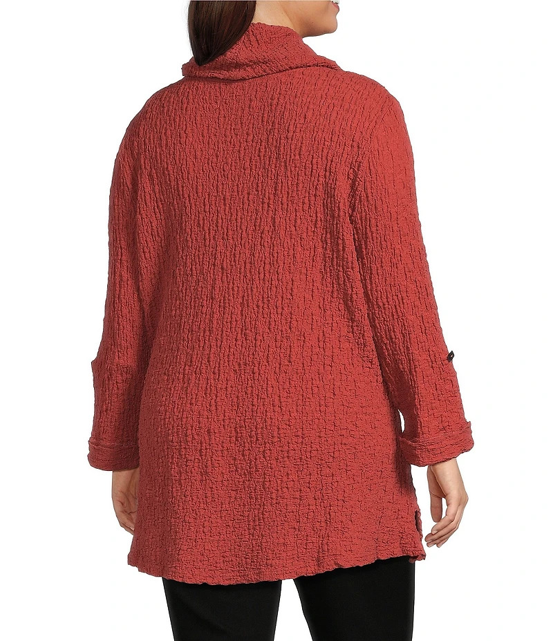Calessa Plus Size Solid Textured Cowl Neck Roll-Tab Sleeve Tunic