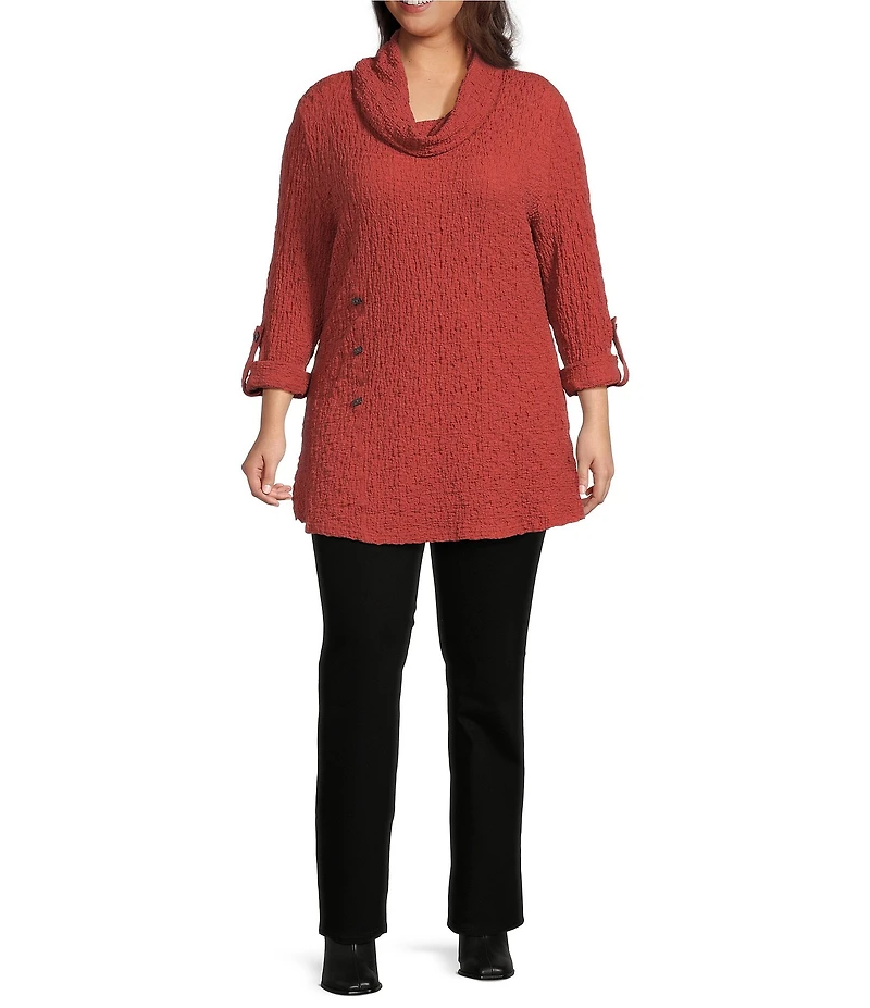Calessa Plus Size Solid Textured Cowl Neck Roll-Tab Sleeve Tunic