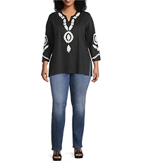 Calessa Plus Size Soutache Embroidered Split V-Neck 3/4 Sleeve Tunic