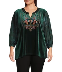 Calessa Plus Size Split V-Neck 3/4 Sleeve Embroidered Burnout Tie-Dye Velvet Knit Tunic