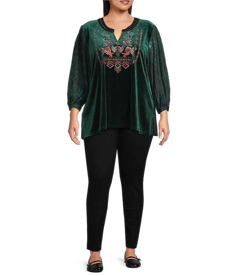 Calessa Plus Size Split V-Neck 3/4 Sleeve Embroidered Burnout Tie-Dye Velvet Knit Tunic