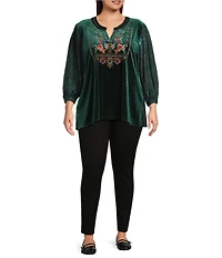 Calessa Plus Size Split V-Neck 3/4 Sleeve Embroidered Burnout Tie-Dye Velvet Knit Tunic
