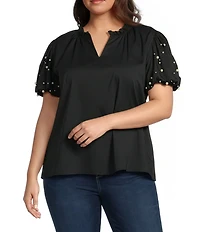 Calessa Plus Size Split V-Neck Beaded Short Sleeve Tunic