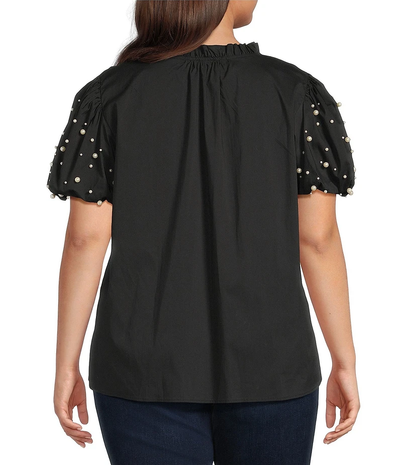 Calessa Plus Size Split V-Neck Beaded Short Sleeve Tunic