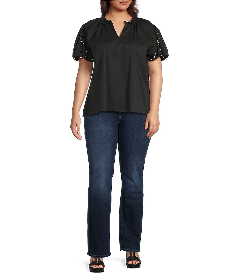 Calessa Plus Size Split V-Neck Beaded Short Sleeve Tunic