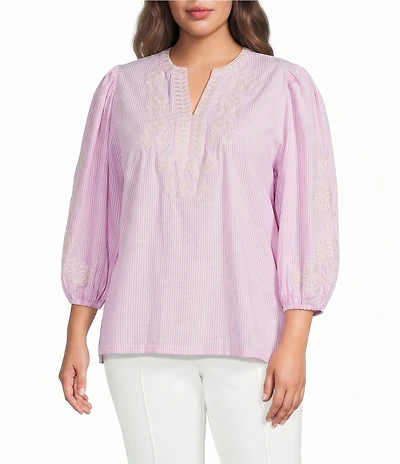 Calessa Plus Size Split V-Neck Embroidered 3/4 Balloon Sleeve Tunic
